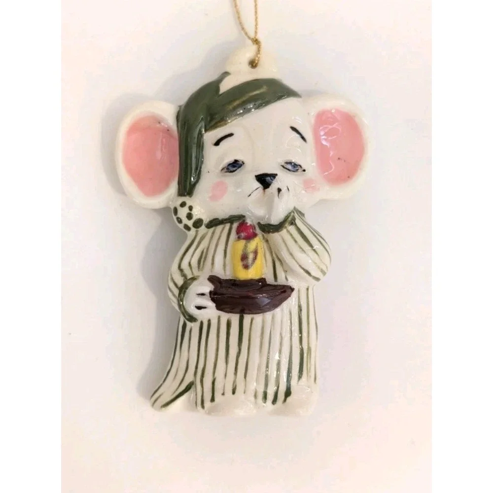 Mouse in Pajamas w Candle Hand Made Painted Ceramic Christmas Ornament Lot Of 2